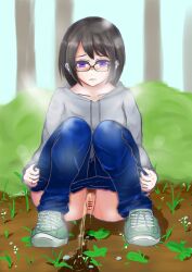 1girl bar_censor black_hair blue_pants blush breasts bush buta_no_fuguri censored clothes_pull collarbone denim forest glasses green_shoes grey_hoodie hood hoodie jeans long_sleeves looking_down medium_breasts nature open_mouth original pants pants_pull peeing plant pubic_hair puddle purple_eyes pussy shoes short_hair sky sneakers squatting steam tree watering watering_with_pee