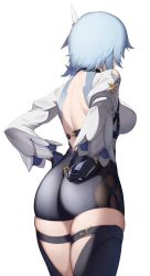 Rule 34 | 1girl, absurdres, ass, back cutout, backless leotard, backless outfit, blue hair, breasts, clothing cutout, commentary, detached sleeves, eula (genshin impact), facing away, from behind, genshin impact, gloves, hair ornament, hand on own hip, highres, large breasts, leotard, long sleeves, puffy sleeves, short hair, simple background, skin tight, skindentation, solo, terebi (shimizu1996), thighhighs, thighs, white background