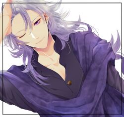 Rule 34 | 1boy, black shirt, collarbone, collared shirt, fate/grand order, fate (series), hair between eyes, long hair, looking at viewer, male focus, merlin (camelot &amp; co) (fate), merlin (fate), mfmfank, official alternate costume, purple eyes, purple hair, purple scarf, scarf, shirt, simple background, smile, solo, very long hair, white background