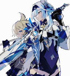 Rule 34 | 1boy, 1girl, back-to-back, blonde hair, blue eyes, blue hair, closed eyes, eula (genshin impact), genshin impact, gloves, highres, holding, holding sword, holding weapon, looking at another, looking back, loomyoi2, mika (genshin impact), purple eyes, short hair, short hair with long locks, sword, weapon, white background