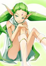 Rule 34 | 10s, cardfight!! vanguard, dress, elf, green dress, green eyes, green hair, looking at viewer, pointy ears, royal paladin, see-through, sitting, yggdrasil maiden elaine