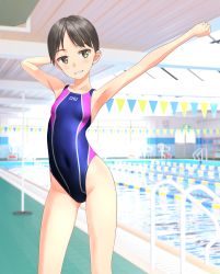 Rule 34 | 1girl, absurdres, black eyes, black hair, blue one-piece swimsuit, clothes writing, collarbone, competition swimsuit, cowboy shot, flat chest, grin, highleg, highleg swimsuit, highres, huge filesize, looking at viewer, multicolored clothes, multicolored swimsuit, one-piece swimsuit, original, outstretched arm, pool, pool ladder, short hair, smile, solo, standing, string of flags, swimsuit, takafumi, tomboy