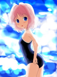 Rule 34 | 12ko, 1girl, blue eyes, colorized, competition school swimsuit, flat chest, one-piece swimsuit, original, pink hair, school swimsuit, short hair, solo, swimsuit