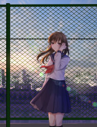 Rule 34 | 1girl, black sailor collar, black skirt, black socks, breasts, brown hair, chain-link fence, cityscape, commentary request, crossed bangs, feet out of frame, fence, floating hair, hair between eyes, tucking hair, hand up, highres, kusunokinawate, lens flare, long hair, long sleeves, looking at viewer, medium breasts, medium skirt, neckerchief, original, outdoors, parted lips, pleated skirt, purple eyes, red neckerchief, sailor collar, school uniform, serafuku, shirt, skirt, socks, solo, standing, sunset, white shirt