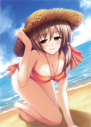 Rule 34 | 1girl, :d, bandeau, barefoot, beach, bikini, boku to gonee to umi no year!!, breast press, breasts, brown eyes, brown hair, cleavage, cloud, collarbone, day, dutch angle, halterneck, hand on headwear, hat, highres, large breasts, leaning forward, nanami shiori, ocean, open mouth, outdoors, sand, side-tie bikini bottom, sky, smile, straw hat, sun hat, swimsuit, tomose shunsaku