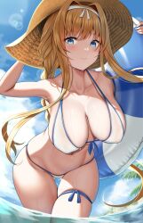 Rule 34 | 1girl, alice zuberg, armpits, arms up, bare shoulders, bikini, blonde hair, blue eyes, blue sky, braid, breasts, brown headwear, cleavage, closed mouth, cloud, collarbone, commission, covered erect nipples, day, floating hair, front-tie bikini top, front-tie top, gluteal fold, hair intakes, hairband, halterneck, hand on headwear, hat, holding, holding swim ring, innertube, large breasts, leaning forward, lens flare, long hair, looking at viewer, navel, outdoors, palm tree, skeb commission, skindentation, sky, smile, solo, stomach, strap gap, string bikini, summer, sun hat, swim ring, swimsuit, sword art online, thigh gap, thigh strap, thighs, tree, wading, water, wet, white bikini, white hairband, zukky