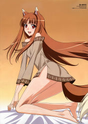Rule 34 | 00s, 1girl, :d, absurdres, animal ears, ass, bare legs, bare shoulders, barefoot, bed sheet, blush, bottomless, breasts, brown hair, dress, feet, female focus, floating hair, from side, full body, gradient background, happy, highres, holo, kneeling, kneepits, kuroda kazuya, leaning forward, legs, long hair, long sleeves, looking at viewer, looking back, no panties, off shoulder, official art, on bed, open mouth, parted bangs, red eyes, scan, short dress, side slit, sidelocks, small breasts, smile, solo, spice and wolf, tail, toes, v arms, very long hair, wolf ears, wolf tail