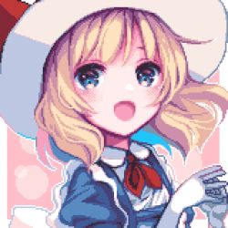 Rule 34 | 1girl, :d, blonde hair, blue eyes, border, dotted background, eyebrows hidden by hair, fuyoyo, gloves, highres, kana anaberal, looking at viewer, open mouth, own hands together, pink background, pixel art, short hair, smile, solo, touhou, touhou (pc-98), upper body, white border, white gloves, white headwear