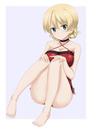 Rule 34 | 1girl, absurdres, blonde hair, blue background, blue eyes, blush, braid, breasts, choker, cleavage, closed mouth, collarbone, darjeeling (girls und panzer), female focus, flatfield, full body, girls und panzer, halterneck, hands on own knees, highres, large breasts, looking at viewer, one-piece swimsuit, red one-piece swimsuit, shiny skin, simple background, sitting, smile, solo, swimsuit, thighs, two-tone background, white background