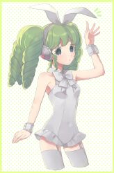 Rule 34 | 1girl, animal ears, arm up, bad id, bad twitter id, bare shoulders, border, breasts, colored eyelashes, commentary request, cowboy shot, fake animal ears, falulu, frilled leotard, frills, green border, green hair, grey eyes, headphones, highres, inactive account, leotard, long hair, looking at viewer, notice lines, playboy bunny, polka dot, polka dot background, pretty series, pripara, rabbit ears, shiyurinpu, sidelocks, small breasts, solo, standing, thighhighs, twintails, white leotard, white thighhighs, wrist cuffs