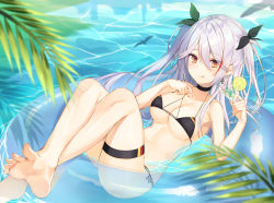 Rule 34 | 1girl, :q, armpits, azur lane, bad id, bad pixiv id, bare arms, bare shoulders, barefoot, bikini, black bikini, black choker, blurry, breasts, caustics, choker, cleavage, closed mouth, cocktail glass, collarbone, cross, cross earrings, cup, depth of field, drink, drinking glass, drinking straw, earrings, feet, food, fruit, hair between eyes, hair ribbon, halterneck, highres, holding, holding cup, innertube, jewelry, kina, large breasts, leaf, legs up, lemon, lemon slice, long hair, looking at viewer, lying, multicolored hair, navel, on back, orange eyes, prinz eugen (azur lane), prinz eugen (unfading smile) (azur lane), ribbon, side-tie bikini bottom, sidelocks, smile, soles, solo, streaked hair, swim ring, swimsuit, thigh strap, toes, tongue, tongue out, two side up, water, white hair
