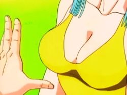 Rule 34 | 1boy, 1girl, animated, animated gif, blue hair, grabbing another&#039;s breast, breasts, cleavage, dragon ball, dragonball z, grabbing, highleg, highleg swimsuit, large breasts, lowres, maron (dragon ball), muten roushi, screencap, swimsuit