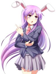 Rule 34 | 1girl, absurdres, animal ears, rabbit ears, e.o., female focus, highres, jpeg artifacts, long hair, necktie, open mouth, purple eyes, purple hair, reisen udongein inaba, skirt, solo, touhou, white background