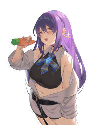 Rule 34 | 1girl, absurdres, bad id, bad pixiv id, breasts, carrot, cropped legs, earrings, fang, food, head tilt, highres, holding, holding food, holding vegetable, hololive, hololive indonesia, jacket, jewelry, jmao, large breasts, leaning back, long hair, looking at viewer, midriff, moona hoshinova, navel, open mouth, purple eyes, purple hair, single earring, smile, solo, v-shaped eyebrows, vegetable, virtual youtuber, white background, white jacket