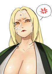 Rule 34 | 1girl, anger vein, angry, blonde hair, breasts, brown eyes, cleavage, cum, facial, facial mark, forehead mark, furrowed brow, gutaigutai, highres, lipstick, long hair, looking at viewer, looking down, makeup, naruto (series), open clothes, orange eyes, sidelocks, simple background, tsunade (naruto), white background