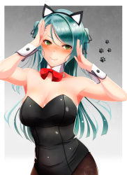 Rule 34 | 1girl, @ @, alternate costume, animal ears, aqua hair, bang dream!, blush, bow, bowtie, breasts, cat ears, cleavage, detached collar, embarrassed, fake animal ears, green eyes, highres, hikawa sayo, kiko (okuwae), kittysuit, large breasts, leotard, long hair, looking at viewer, nontraditional playboy bunny, pantyhose, playboy bunny, red bow, red bowtie, solo, swept bangs, two side up, wrist cuffs