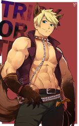 Rule 34 | 1boy, 8 (yamalu), abs, animal collar, animal ears, bara, belt, black belt, blonde hair, closed mouth, collar, green pants, guy cecil, highres, large pectorals, leash, looking at viewer, male focus, muscular, muscular male, navel, open clothes, pants, pectorals, short hair, smile, solo, tail, tales of (series), tales of the abyss, wolf boy, wolf ears, wolf paws, wolf tail