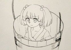 Rule 34 | 1girl, bucket, closed mouth, collarbone, hair bobbles, hair ornament, haramin3, highres, in bucket, in container, japanese clothes, kisume, monochrome, short hair, touhou, traditional media, twintails, wooden bucket