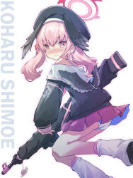 Rule 34 | 1girl, akayama yukihe, black headwear, black sweater, black wings, blue archive, blush, character name, closed mouth, commentary request, eyes visible through hair, feet out of frame, frown, gun, hair between eyes, halo, highres, holding, holding gun, holding weapon, koharu (blue archive), long hair, looking at viewer, miniskirt, nose blush, off shoulder, panties, pantyshot, pink eyes, pink hair, pink halo, pink skirt, pleated skirt, simple background, skirt, sleeves past wrists, socks, solo, sweater, twintails, underwear, weapon, white background, white panties, white socks, wings