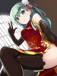Rule 34 | 10s, 1girl, bad id, bad twitter id, blush, brown thighhighs, china dress, chinese clothes, crossed legs, double bun, dress, elbow gloves, gloves, green eyes, green hair, hair bun, hi-ho-, jpeg artifacts, kantai collection, long hair, matching hair/eyes, no panties, personification, sitting, solo, suzuya (kancolle), thighhighs