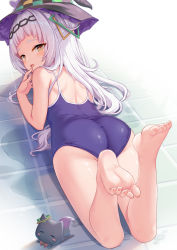 Rule 34 | 1girl, ass, back, bare shoulders, barefoot, black headwear, blue one-piece swimsuit, blunt bangs, blush, breasts, cat, competition swimsuit, feet, feet up, foot focus, foreshortening, hair bun, hair ornament, hairband, halterneck, hat, hexagram hair ornament, highres, hololive, legs, long hair, looking at viewer, looking back, lying, milkshakework, murasaki shion, murasaki shion (1st costume), on stomach, one-piece swimsuit, open mouth, side bun, sidelocks, silver hair, single side bun, small breasts, soles, swimsuit, toes, virtual youtuber, wet, witch hat, yellow eyes