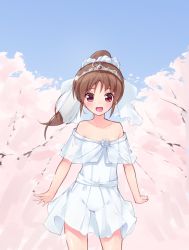 Rule 34 | 1girl, :d, bad id, bad twitter id, blue sky, bridal veil, brown hair, cherry blossoms, commentary request, cowboy shot, day, dress, flat chest, flower, gluteal fold, groin, happy, highres, jewelry, long hair, looking at viewer, navel, no panties, off-shoulder dress, off shoulder, open mouth, outdoors, ponytail, red eyes, ring, rose, saki, saki (manga), saki achiga-hen, see-through, short dress, sky, smile, solo, sparkle, standing, takakamo shizuno, tiara, tree, veil, wedding band, wedding dress, white dress, white flower, white rose, yoi naosuke