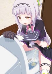 Rule 34 | 1girl, arched bangs, bidet, black capelet, black gloves, black skirt, bow, bowtie, capelet, cropped shirt, female focus, gloves, grey hair, grey shirt, hairband, half updo, highres, hololive, indoors, long hair, long sleeves, lowleg, lowleg skirt, midriff, miniskirt, murasaki shion, murasaki shion (1st costume), navel, no headwear, open mouth, orange eyes, pee, peeing, pink bow, pink bowtie, pinstripe pattern, pinstripe shirt, purple capelet, pussy, shirt, skirt, solo, striped clothes, striped shirt, textless version, thighlet, toilet, toilet use, trembling, uncensored, vertical-striped clothes, vertical-striped shirt, virtual youtuber, yige lurenjia