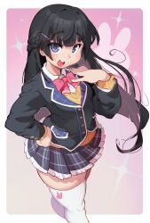 Rule 34 | 1girl, black hair, black jacket, blue eyes, blue skirt, border, cowboy shot, from above, gradient background, highres, jacket, long hair, long sleeves, looking at viewer, miniskirt, neck ribbon, nijisanji, open mouth, pink background, pleated skirt, ribbon, sanjiro (tenshin anman), school uniform, skirt, smile, solo, standing, teeth, thighhighs, thighs, tsukino mito, tsukino mito (1st costume), upper teeth only, white border, white thighhighs