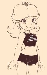 Rule 34 | 1girl, arms at sides, bare arms, breasts, clothes writing, crop top, crown, earrings, english text, eyelashes, flipped hair, flower earrings, hearlesssoul, highres, jewelry, looking at viewer, mario (series), mario tennis, medium breasts, medium hair, meme attire, midriff, monochrome, navel, nintendo, open hands, parted lips, princess daisy, shorts, simple background, smile, solo, standing, super mario land, tank top, your son calls me mommy too