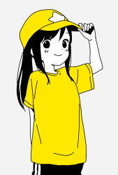 Rule 34 | 1girl, adjusting clothes, adjusting headwear, baseball cap, black hair, blush, casual, closed mouth, commentary request, dot nose, grey background, greyscale, hat, highres, hitori bocchi, hitoribocchi no marumaru seikatsu, katsuwo (cr66g), long hair, looking at viewer, monochrome, pants, partially colored, shirt, simple background, smile, solo, standing, star (symbol), yellow hat, yellow shirt, yellow theme