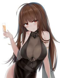 Rule 34 | 1girl, absurdres, ahoge, alcohol, armlet, black dress, blunt bangs, blush, breasts, brown hair, casual, champagne flute, choker, cleavage, closed mouth, commentary request, cup, dress, drinking glass, dsr-50 (girls&#039; frontline), dsr-50 (highest bid) (girls&#039; frontline), earrings, finger to mouth, gem, girls&#039; frontline, hair ornament, heart, heart-shaped pupils, highres, holding, holding cup, holding drinking glass, jewelry, large breasts, leaning forward, long hair, looking at viewer, no bra, official alternate costume, pendant, petals, red eyes, red gemstone, ring, ru zhai, side slit, sideboob, sidelocks, simple background, smile, solo, symbol-shaped pupils, thighs, upper body, very long hair, wavy hair, wedding band, white background