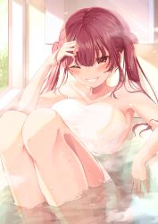 Rule 34 | 1girl, absurdres, bath, bathing, bathtub, blunt bangs, blush, breasts, collarbone, commentary request, grin, hand in own hair, highres, hololive, houshou marine, knees up, large breasts, long hair, looking at viewer, naked towel, nude, one eye closed, red eyes, red hair, shagaihi, sitting, smile, solo, steam, teeth, towel, twintails, virtual youtuber, wet, window