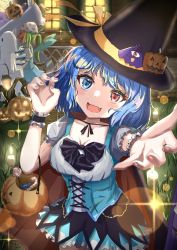 Rule 34 | 3girls, :d, basket, black bow, black bowtie, black headwear, black skirt, blue eyes, blue hair, bow, bowtie, breasts, candy, candy cane, cirno, cross-laced clothes, daiyousei, fairy wings, fang, food, ghost, ghost costume, green hair, halloween costume, hat, heart, heart print, heterochromia, highres, ice, ice wings, jack-o&#039;-lantern, lantern, light particles, lobstrater64, medium breasts, multiple girls, open mouth, red eyes, short sleeves, skirt, smile, solo focus, tatara kogasa, touhou, white headwear, window, wings, witch hat, wrist cuffs