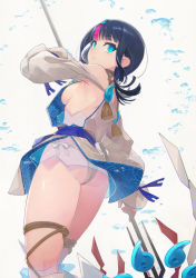 Rule 34 | 1girl, ass, back, bare shoulders, black hair, blue eyes, blue ribbon, blush, breasts, detached leggings, dress, fate/grand order, fate/requiem, fate (series), fundoshi, highres, japanese clothes, jewelry, long sleeves, looking at viewer, looking back, magatama, magatama hair ornament, medium breasts, medium hair, multicolored hair, necklace, parted lips, pelvic curtain, pink hair, polearm, puffy long sleeves, puffy sleeves, ribbon, seigaiha, short dress, sideboob, sideless outfit, spear, streaked hair, thighs, two-sided fabric, utsumi erice, weapon, white dress, white legwear, yunar