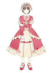 Rule 34 | 1boy, absurdres, alternate costume, blush, bow, brown eyes, brown hair, closed mouth, commentary, dress, dress bow, footwear bow, frilled dress, frilled hairband, frills, frown, full body, grabbing own arm, hairband, highres, little busters!, long dress, long sleeves, looking at viewer, naoe riki, natsuoto rito, pink bow, red dress, red footwear, red hairband, short hair, simple background, solo, standing, straight-on, tachi-e, trap, white background