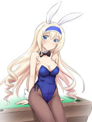 Rule 34 | 10s, 1girl, animal ears, bare shoulders, blonde hair, blue eyes, blush, bow, bowtie, breasts, cecilia alcott, cleavage, detached collar, drill hair, fake animal ears, fishnet pantyhose, fishnets, hairband, infinite stratos, large breasts, leotard, long hair, looking at viewer, masakichi (crossroad), pantyhose, playboy bunny, pool table, rabbit ears, solo, table, wrist cuffs