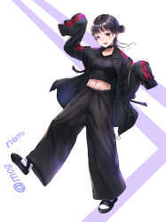 Rule 34 | 1girl, :d, absurdres, backpack, bag, black hair, black jacket, black pants, blunt bangs, breasts, brown eyes, choker, collarbone, covered erect nipples, crop top, drawstring, earrings, eyebrows, fang, full body, hair bun, half updo, hand up, hands in opposite sleeves, highres, hoop earrings, jacket, jewelry, leg up, long hair, looking at viewer, matsuo shogo, medium breasts, midriff, navel, no bra, o-ring, open clothes, open jacket, open mouth, original, pants, sandals, single hair bun, skin tight, sleeves past wrists, smile, socks, solo, standing, standing on one leg, stomach, track jacket, twitter username, unzipped, v-neck, white background, white socks