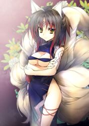 Rule 34 | 1girl, animal ears, breasts, brown hair, cleavage, dress, facial mark, forehead mark, fox ears, fox tail, highres, kamitsurugi ouka, multicolored hair, multiple tails, no panties, original, red hair, side slit, solo, tail, underboob, yellow eyes