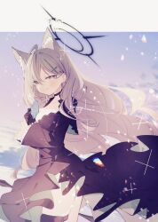 Rule 34 | 1girl, ahoge, animal ear fluff, animal ears, black choker, black dress, black gloves, black halo, blue archive, blue sky, blush, border, breasts, broken halo, choker, cleavage, closed mouth, cloud, cloudy sky, commentary, cross, cross hair ornament, dress, extra ears, frilled dress, frills, gloves, grey eyes, grey hair, hair behind ear, hair ornament, halo, highres, holding, inverted cross, kasuga haruhi, large breasts, long hair, long sleeves, looking at viewer, mismatched pupils, outside border, shiroko (blue archive), shiroko terror (blue archive), sky, smile, solo, thigh strap, thighs, very long hair, white border, wolf ears, wolf girl