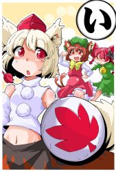 Rule 34 | 3girls, animal ears, bow, braid, brown hair, cat ears, cat tail, chen, detached sleeves, earrings, fox tail, hair bow, hat, highres, inubashiri momiji, jewelry, kaenbyou rin, midriff, multiple girls, multiple tails, navel, open mouth, red eyes, red hair, ribbon, shield, shinapuu, short hair, skirt, smile, tail, tokin hat, touhou, twin braids, white hair, wolf ears, wolf tail
