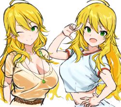 Rule 34 | 1girl, ;), ahoge, blonde hair, blush, breasts, cleavage, closed mouth, collarbone, green eyes, hair between eyes, hand on own hip, hand up, highres, hoshii miki, idolmaster, idolmaster (classic), index finger raised, large breasts, long hair, looking at viewer, multiple views, one eye closed, open mouth, shirt, sidelocks, simple background, smile, sparkle, split mouth, sweat, upper body, v-shaped eyebrows, very long hair, wavy hair, white background, white shirt, yellow shirt, zenoo