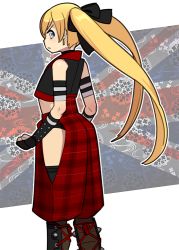 Rule 34 | 1girl, adapted costume, armband, black footwear, black gloves, black panties, black ribbon, black shirt, black thighhighs, blonde hair, blue eyes, boots, clenched hands, covenanter (kehotank), covenanter (tank) (personification), crop top, earrings, flag background, from behind, frown, gauntlets, gloves, hair ribbon, jewelry, knee boots, long hair, looking at viewer, looking back, open mouth, original, panties, pants, personification, plaid, plaid pants, red pants, ribbon, shirt, side slit, sleeveless, sleeveless shirt, soumu (kehotank), standing, thighhighs, twintails, underwear, union jack, v-shaped eyebrows