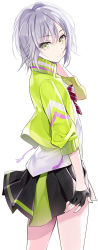 Rule 34 | 1girl, black gloves, black skirt, bow, closed mouth, diagonal stripes, fingerless gloves, gloves, green eyes, green jacket, grey hair, hair between eyes, hand up, highres, hinomori shiho, jacket, long sleeves, looking at viewer, looking back, open clothes, open jacket, pleated skirt, project sekai, puffy long sleeves, puffy sleeves, red bow, shirt, simple background, skirt, solo, standing, striped, striped bow, white background, white shirt, youta