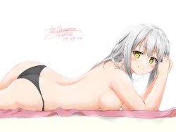 Rule 34 | 1girl, black panties, blush, breasts, commentary request, dated, flower knight girl, from side, ginryousou (flower knight girl), highres, large breasts, long hair, looking at viewer, lying, on stomach, panties, simple background, smile, underwear, white background, white hair, yellow eyes, yukinoshiro