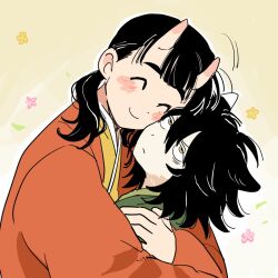 Rule 34 | 2girls, affectionate, animal ears, annoyed, averting eyes, black hair, brown background, cat ears, cat girl, cat tail, cheek-to-cheek, closed eyes, closed mouth, commentary, dajae public, dungeon meshi, frown, hair over shoulder, heads together, highres, horns, hug, inutade, izutsumi, japanese clothes, kimono, long hair, long sleeves, low twintails, mismatched animal ear colors, mole, mole under eye, multiple girls, nuzzle, oni, short hair, smile, symbol-only commentary, tail, twintails, upper body, white background, yellow eyes