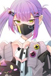 Rule 34 | 1girl, absurdres, bibi (tokoyami towa), cardigan, doom yorusen, ear piercing, facial tattoo, grey cardigan, hair ornament, hairclip, heart, heart hands, heart tattoo, highres, hololive, jirai kei, looking at viewer, mask, mouth mask, multiple piercings, official alternate costume, open cardigan, open clothes, piercing, portrait, purple hair, shirt, solo, tattoo, tokoyami towa, tokoyami towa (jirai kei), twintails, virtual youtuber, white shirt, yellow eyes