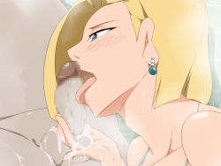 Rule 34 | 1girl, android 18, blonde hair, blush, censored, dragon ball, earrings, fat, fat man, fellatio, jewelry, licking, oral, sato (pixiv956274), tongue