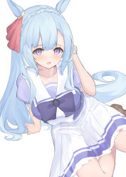 Rule 34 | 1girl, :d, absurdres, animal ears, arm support, blue hair, blush, bow, braid, breasts, brown footwear, crown braid, frilled skirt, frills, hand up, highres, horse ears, horse girl, horse tail, long hair, looking at viewer, medium breasts, mejiro ardan (umamusume), open mouth, pleated skirt, puffy short sleeves, puffy sleeves, purple bow, purple eyes, purple shirt, roido (taniko-t-1218), shirt, shoes, short sleeves, simple background, skirt, smile, solo, tail, umamusume, very long hair, white background, white skirt