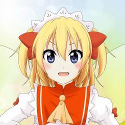 Rule 34 | &gt;:d, 1girl, :d, ascot, blonde hair, blue eyes, blush, fairy wings, fang, gradient background, headdress, open mouth, raised eyebrow, reimei (r758120518), smile, solo, sunny milk, touhou, twintails, v-shaped eyebrows, wings