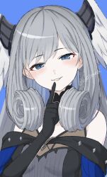 Rule 34 | 1girl, black dress, blue background, blue eyes, blush, dress, elbow gloves, feathered wings, gloves, grey dress, grey hair, head wings, highres, long hair, melia antiqua, ribbed dress, see-through, sidelocks, smile, solo, two-tone dress, umotomochi, upper body, wings, xenoblade chronicles (series), xenoblade chronicles 3